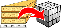 Calcolatore del volume del legname segato in base alle dimensioni del pacco e ai distanziatori